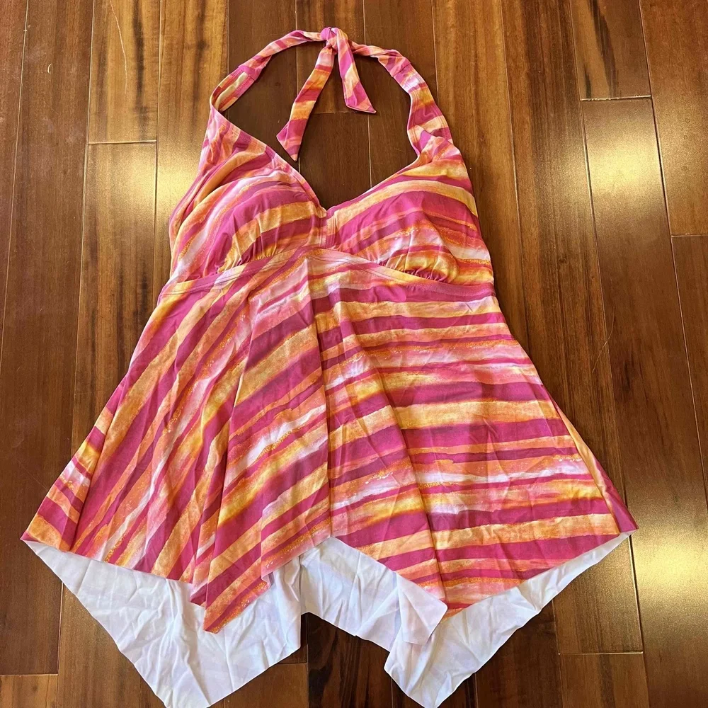 New NWOT‎ Kim Gravel QVC Pink Swimwear Halter Neck Striped Pattern Tankini Sz 18